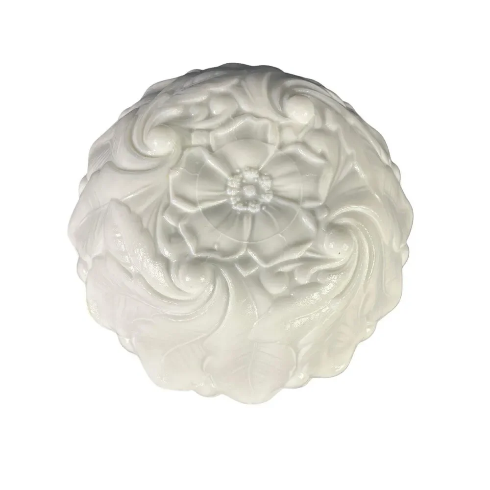 Vintage White Milk Glass Footed Bowl Scalloped Leaf Floral Embossed Cottagecore